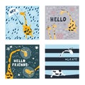 A series of postcards with cute giraffes and inscriptions. Hand drawn vector space with elements Royalty Free Stock Photo